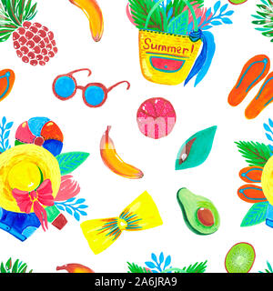 Modèle sans couture d'été pour femmes Accessoires de voyage et de la plage d'avocat tropical fruit sur fond blanc. Illustration à l'aquarelle Banque D'Images