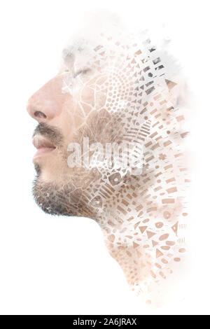 Paintography. L'exposition double portrait d'un homme avec de fortes caractéristiques combinées avec la peinture à la main avec des symboles Banque D'Images