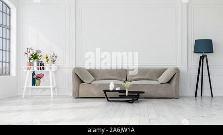 Design intérieur moderne d'un salon à l'intérieur appartement, maison, bureau, canapé, des fleurs fraîches et un intérieur moderne de détails sur un mur blanc backgrou Banque D'Images