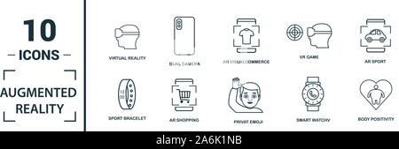 Ar et Vr icon set. Éléments de création : réalité augmentée, 360 avis, la reconnaissance du visage, les lunettes de réalité augmentée, des icônes. Peut être utilisé Illustration de Vecteur