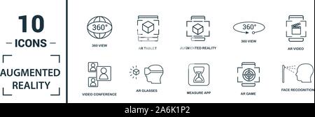 Ar et Vr icon set. Éléments de création : réalité augmentée, 360 avis, la reconnaissance du visage, les lunettes de réalité augmentée, des icônes. Peut être utilisé Illustration de Vecteur