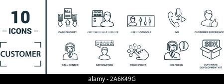 Customer Service icon set. Inclure des éléments créatifs agent console, priorité du cas, la satisfaction, l'assistance technique, les icônes de base de connaissances. Peut être utilisé pour Illustration de Vecteur