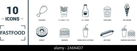 Icon Set de fast-food. Inclure des éléments créatifs burger, boire avec une paille, des beignes, cuisse de poulet, la livraison d'icônes. Peut être utilisé pour rapport, présentation Illustration de Vecteur