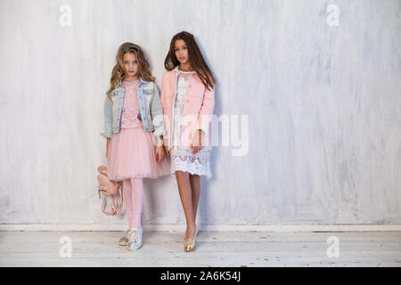 Portrait de deux jeunes filles à la mode lycéenne petite amie en vêtements rose Banque D'Images