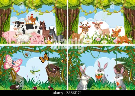 Ensemble de divers animaux dans les scènes de nature illustration Illustration de Vecteur