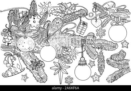 Des branches de sapins et décorations de Noël, des boules, des biscuits, des fruits, des flocons, des étoiles. Contour style Doodle illustration. Carte de voeux, scrapbooking Illustration de Vecteur