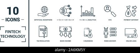 La technologie Fintech icon set. Inclure des éléments créatifs, revenu de base, la technologie bitcoin kyc, prêt en ligne, modèle d'icônes. Peut être utilisé pour Illustration de Vecteur