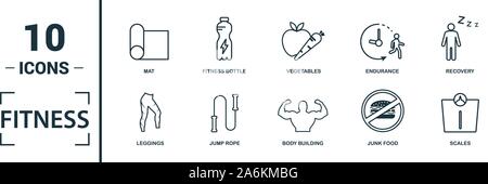 Icon Set de remise en forme. Inclure des éléments créatifs en piscine, brûler des calories, de l'eau, la malbouffe, la restauration d'icônes. Peut être utilisé pour rapport, présentation Illustration de Vecteur