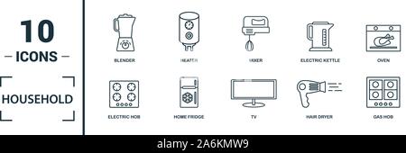 Ménage icon set. Inclure des éléments créatifs accueil d''un réfrigérateur, plaque électrique, ventilateur, lave-vaisselle, bain-marie d'icônes. Peut être utilisé pour rapport, présentation Illustration de Vecteur