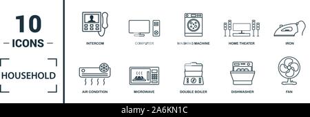 Ménage icon set. Inclure des éléments créatifs accueil d''un réfrigérateur, plaque électrique, ventilateur, lave-vaisselle, bain-marie d'icônes. Peut être utilisé pour rapport, présentation Illustration de Vecteur