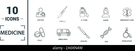 Médicament icon set. Inclure des éléments créatifs sac médical, pilules, mélange, ADN, icônes pipette. Peut être utilisé pour rapport, présentation, dessin, web Illustration de Vecteur