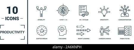 L'icône de la productivité. Inclure des éléments créatifs, de compétences de gestion du temps, la pause-café, de plan de travail, tâches quotidiennes d'icônes. Peut être utilisé pour rapport Illustration de Vecteur