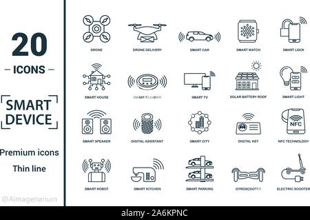 Des appareils intelligents icon set. Éléments de création : drone, smart, smart house, toit de batterie solaire, smart le président d'icônes. Peut être utilisé pour rapport Illustration de Vecteur