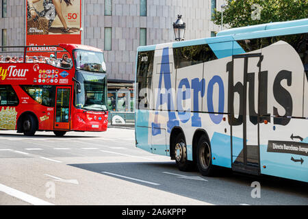 Barcelone Espagne,Catalogne Catalunya,Plaza Placa de Catalunya,Aerobus,navette express de bus d'aéroport,transport en commun,double decker seei Banque D'Images