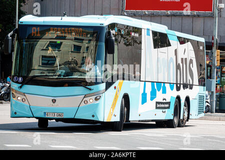 Barcelone Espagne,Catalogne Catalunya,Plaza Placa de Catalunya,Aerobus,navette express de service de bus d'aéroport,transport en commun,Europe espagnole UE,visite Banque D'Images