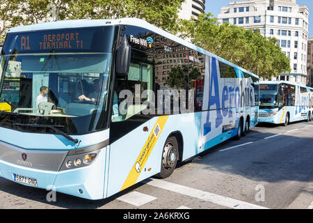 Barcelone Espagne,Catalogne Catalunya,Plaza Placa de Catalunya,Aerobus,navette express de service de bus d'aéroport,transport en commun,Europe espagnole UE,visite Banque D'Images