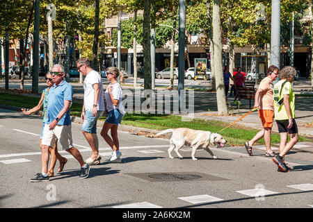 Barcelone Espagne,Catalogne Catalunya,El Poblenou,Avinguda Diagonal,franchissement de rue,traversée de rue,piétons,homme hommes adultes, femme femmes la Banque D'Images