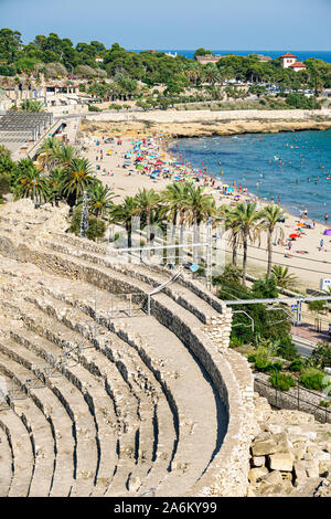 Tarragona Espagne hispanique Catalogne Balcon del Mediterraneo, la mer Méditerranée balcon, point de vue, pittoresque belvédère, Platja del Miracle, Amfiteatre Roman amph Banque D'Images