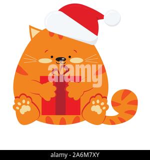 Sweet smiling little Fat Cat à rayures rouge gingembre avec cadeau au Père Noël Noël rouge hat isolé sur fond blanc. Illustration de Vecteur