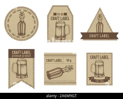 Les étiquettes d'artisanat vintage design avec illustration de chope de bière, des bouteilles de bière images illustrations Illustration de Vecteur