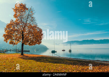 Vue en contre-jour des bateaux ancrés au Traunsee à Gmunden, en Autriche avec l'OÖ, Grünberg et l'augmentation de Traunstein en arrière-plan Banque D'Images