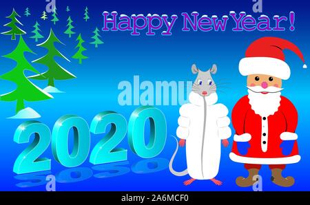 Affiche en couleurs lumineuses, Bonne Année 2020 à partir d'un rat blanc et le Père Noël. Illustration de Vecteur