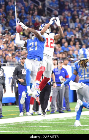 Detroit, USA. 27 Oct, 2019. Detroit Lions S Tracy Walker (21) intercepte la passe destinée à New York Giants WR Cody Latimer (12) au cours de NFL match entre les Giants de New York et Detroit Lions le 27 octobre 2019 au Ford Field de Detroit, MI (Photo by Dranberg/Cal Sport Media) Credit : Cal Sport Media/Alamy Live News Banque D'Images