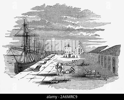 L'East India Docks d'importation conçu par l'ingénieur Ralph Walker,étaient situés au nord-est de l'Inde de l'Ouest, les quais de Londres. Ils étaient basés sur l'actuel quai du Nouveau-Brunswick, qui a été utilisé pour l'aménagement et la réparation de navires dans le cadre du triage. Blackwall. Le Brunswick Dock, qui avait initialement été relié directement à la Tamise au sud, est devenue la station d'exportation. Au nord, l'entreprise construit une plus grande station d'importation. Les deux ont été connectés à la Tamise via une entrée orientale du bassin. Banque D'Images