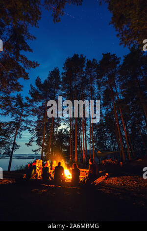 Amis de forêt près de feu au camping. Groupe de personnes sous ciel de nuit avec des étoiles de profiter de la nature vacances au camping. Banque D'Images