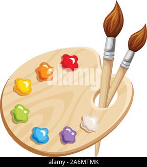 Vector illustration d'une palette d'art avec des peintures et des pinceaux isolé sur un fond blanc. Illustration de Vecteur