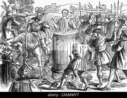 John Badby (mort en 1410), un des premiers martyrs Lollard a été condamné par le tribunal diocésain de Worcester pour sa négation de la transsubstantiation. Il soutient que lorsque le Christ est assis à la Cène avec ses disciples, il n'avait pas son corps dans sa main à distribuer, et que "si chaque hôte consacrée à l'autel étaient le corps du Seigneur, alors il n'y être 20 000 dieux en Angleterre." Une autre cour à St Paul's, Londres, présidée par l'archevêque Thomas Arundel et son beau-frère William, Baron de Ros, le condamna à être brûlé à Smithfield, le tournoi, juste en dehors des murs de la ville. Banque D'Images