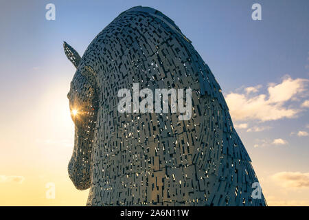 L'une des têtes de chevaux Kelpie majestueux au lever du soleil par le sculpteur Andy Scott. Banque D'Images