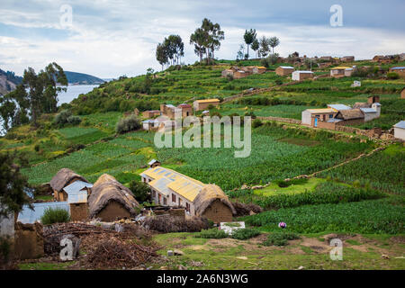 Challa pittoresque village avec des fèves et des pommes de terre à l'Île du Soleil (Isla del Sol, La Paz, Bolivie Banque D'Images