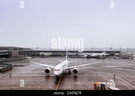 DEC 6, 2018 Narita, Japon - avion pendant le mauvais temps pluie à Tokyo Narita International airport terminal Banque D'Images