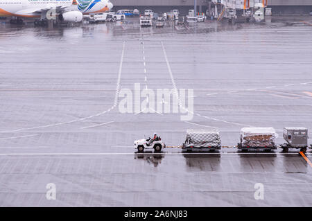 DEC 6, 2018 Narita, Japon - Tokyo Narita International airport dépanneuse chariots à bagages avec travail dans de mauvaises conditions météorologiques à pleuvoir avec l'air de l'aire de Banque D'Images