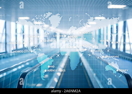 Fond d'aviation avec des avions au-dessus de la carte avec les grands noms de ville. Carte numérique avec des avions dans le monde entier concept Banque D'Images