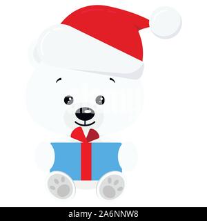 Drôle et mignon doux polar bear toy avec Noël cadeau bleu avec noeud en Santa Claus red hat Illustration de Vecteur