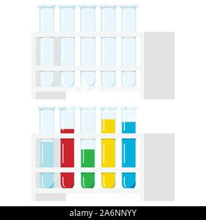 Vector set de tubes à essai en verre transparent, avec multi-couleur réactifs liquides contenant dans un râteau isolé sur fond blanc. Illustration de Vecteur