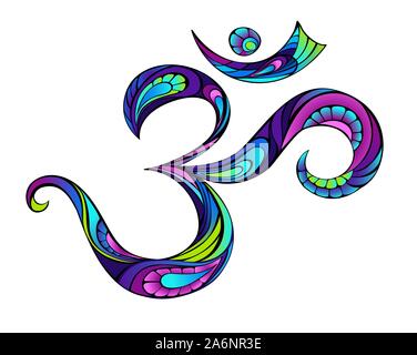 Symbole om à motifs peints en bleu, rose, violet, vert sur fond blanc. Illustration de Vecteur