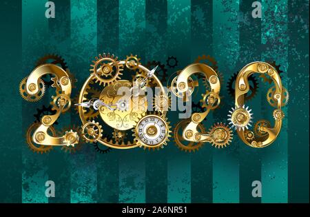 Nombre d'or 2020 avec une horloge ancienne, avec pignons en laiton, à texture fine, turquoise, le bar d'arrière-plan. Nouvelle Année. Illustration de Vecteur