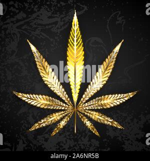 La feuille d'or, brillants de cannabis sur fond texturé noir. Chanvre d'or. Illustration de Vecteur