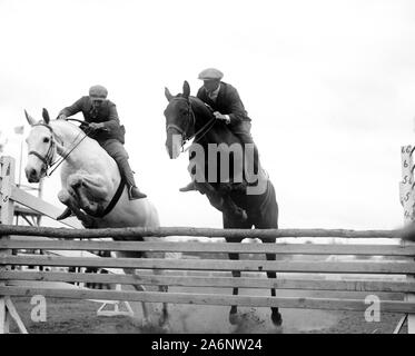 Chevaux saute au-dessus de rails dans la race ca. 1919 Banque D'Images