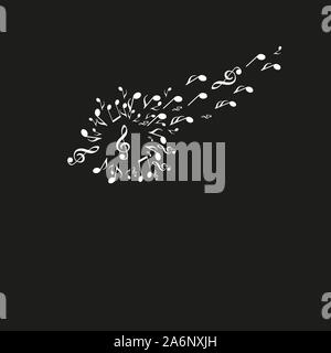 Silhouette de pissenlit fait à partir de notes de musique, avec quelques notes s'envoler vers sur fond noir Illustration de Vecteur