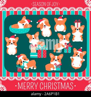 Jeu de Noël avec mignon chien corgi. Inscription - Joyeux Noël, la saison de joie. Corgi drôle, heureux, dormir, courir, avec, en cadeau noël santa hat, Illustration de Vecteur