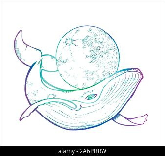 Dessin d'une baleine au néon et d'une lune. Style Dotwork. Illustration de Vecteur