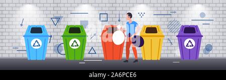 Man putting de sacs à déchets dans différents types de bacs de recyclage tri tri sélectif des déchets ménagers gestion du croquis de pleine longueur horizontale vector illustration Illustration de Vecteur