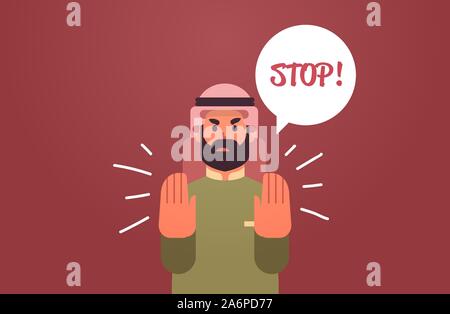 L'homme arabe en colère disant arrêter bulle avec négation exclamation cri furieux concept arabe unique montrant arrêter télévision geste horizontal portrait vector illustration Illustration de Vecteur
