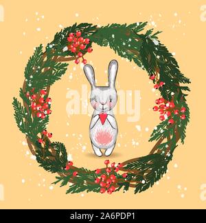 Couronne de Noël. Vector illustration. Lièvre du Nouvel An. Branches de conifères et les décorations.. Illustration de Vecteur