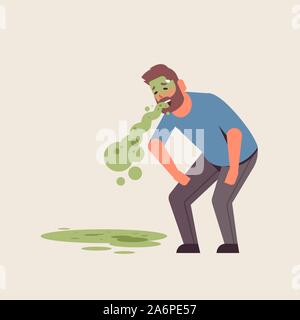 Triste gars nausées vomissements maux d'estomac ou d'empoisonnement à l'alcool alimentaire concept problème digestif malheureux vomir nausées télévision vector illustration pleine longueur Illustration de Vecteur