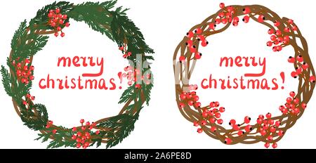 Couronne de Noël. Vector illustration. Joyeux Noël. Branches de conifères et de décorations. Éléments d'un décor de fête sur un fond blanc.. Illustration de Vecteur